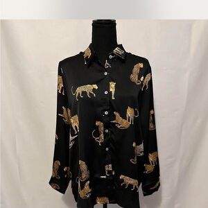 She + Sky Black and Gold Animal Print Button Down Shirt